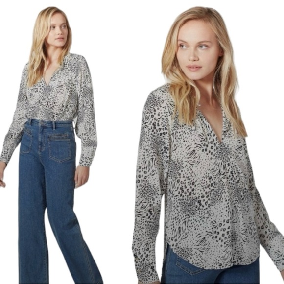 Joie Shauna Animal Print Long Sleeve Blouse in Porcelain Size M - Picture 2 of 10